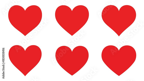 A grid of six identical red heart shapes arranged in two rows of three, set against a plain white background.