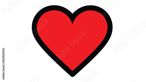 A simple, bold, red heart symbol with a thick black outline is presented against a clean white background, evoking themes of love and affection.