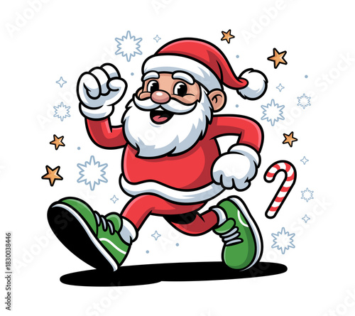 Cheerful cartoon illustration of Santa Claus running to deliver gifts for Christmas with festive holiday decorations