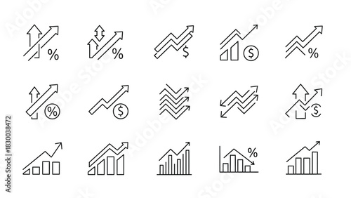 A collection of line icons depicting various financial charts and graphs, illustrating upward and downward trends with percentage and dollar symbols.