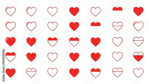 A collection of red heart icons in various styles and fill levels is displayed against a white background, symbolizing love and affection.