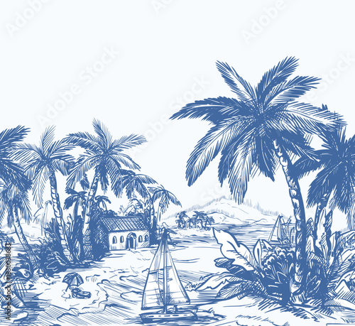 Tropic toile island scene with palm trees boats vintage drawing vector.
