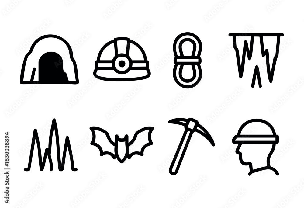 Fototapeta premium Caving and speleology line icons — cave, helmet, rope, and exploration gear — stock vector.