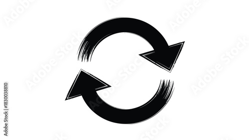 A black circular arrow symbol, representing a refresh or repeat action, is displayed against a stark white background, conveying a sense of ongoing movement and cyclical processes.