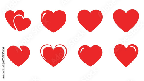 A collection of eight red heart icons, each representing love and affection, displayed against a clean white background.