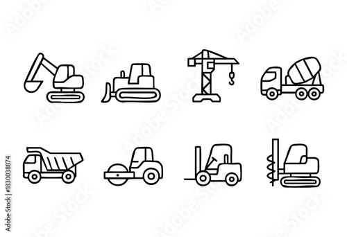 Construction machines line icons — excavator, crane, bulldozer, and other heavy equipment — stock vector.