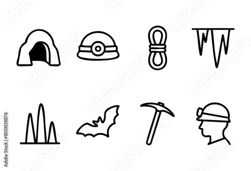 Caving and speleology line icons — cave, helmet, rope, and exploration gear — stock vector.