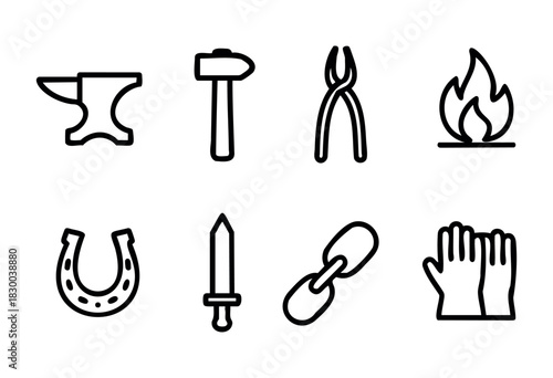 Blacksmith line icons — anvil, hammer, and other forging and metalwork tools — stock vector.