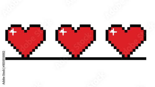 Three pixelated red hearts are displayed horizontally on a black line, representing a health or life bar in a video game.