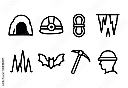 Caving and speleology line icons — cave, helmet, rope, and exploration gear — stock vector.