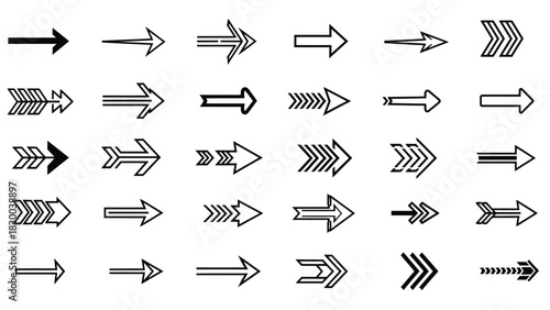 A collection of thirty-five diverse arrow icons arranged in a grid, showcasing various styles and designs, suitable for directional cues or graphical elements.
