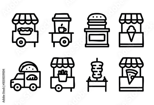 Street food carts and stands line icons — hot dog, burger, ice cream, taco truck — stock vector.