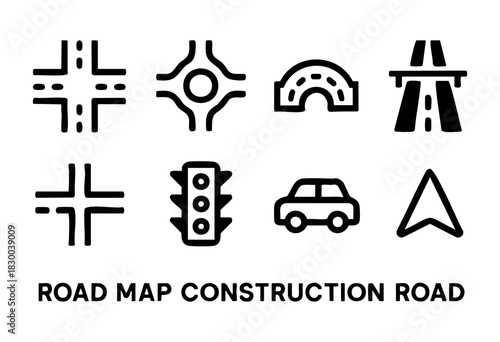 Road map and navigation line icons — intersection, roundabout, highway, traffic light — stock vector.