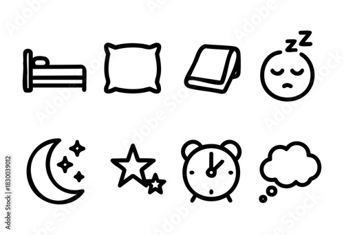 Sleep and bedtime line icons — bed, pillow, alarm clock, moon and stars — stock vector.