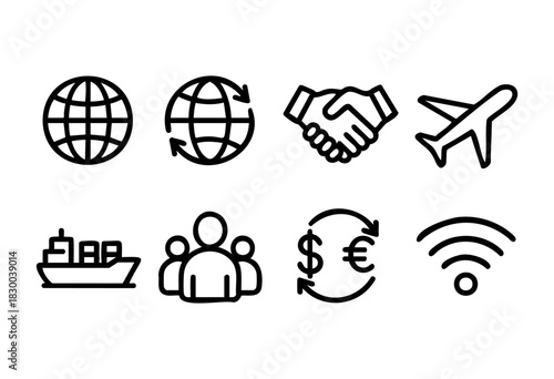 Global business and international trade line icons — globe, handshake, currency exchange — stock vector.