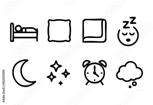 Sleep and bedtime line icons — bed, pillow, alarm clock, moon and stars — stock vector.