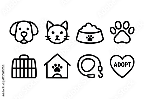 Pet adoption and animal shelter line icons — dog, cat, paw print, kennel — stock vector.