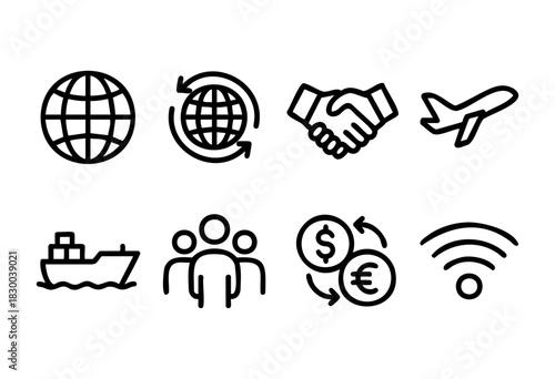 Global business and international trade line icons — globe, handshake, currency exchange — stock vector.