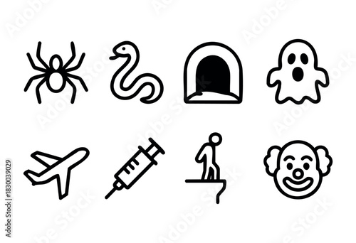 Common phobias and fears line icons — spider, heights, clowns, needles — stock vector.