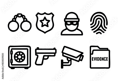 Crime and investigation line icons — handcuffs, fingerprint, evidence, police badge — stock vector.