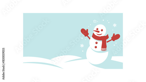 Joyful cartoon snowman wearing a red scarf and mittens with arms raised in a winter wonderland scene