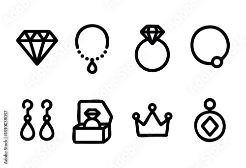 Jewelry and accessories line icons — diamond, ring, necklace, earrings — stock vector.
