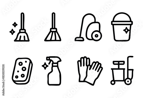 Cleaning and housekeeping line icons — broom, vacuum cleaner, spray bottle, gloves — stock vector.