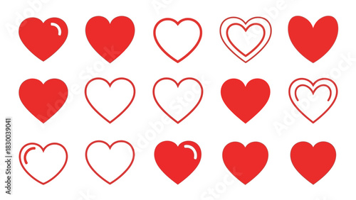 A collection of red and outline heart shapes is displayed against a white background, showcasing different styles and fills of the iconic symbol.