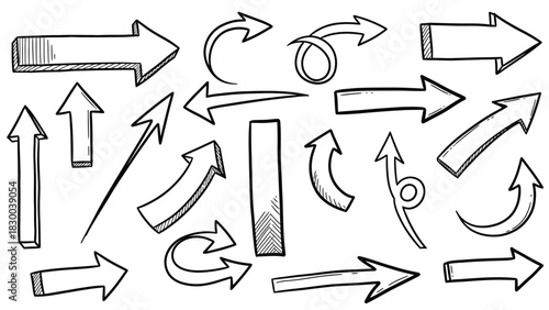 A collection of various hand-drawn arrows pointing in different directions, showcasing diverse styles and forms in a simple black and white sketch.