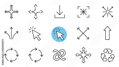 A collection of various line icons representing directional arrows, cursors, and recycling symbols are displayed against a white background, suggesting user interface elements and navigation.
