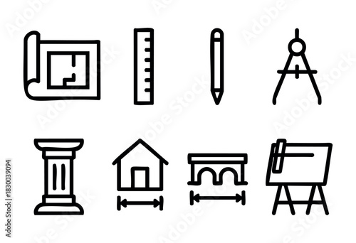 Architecture and drafting line icons — blueprint, ruler, compass, and other design tools — stock vector.