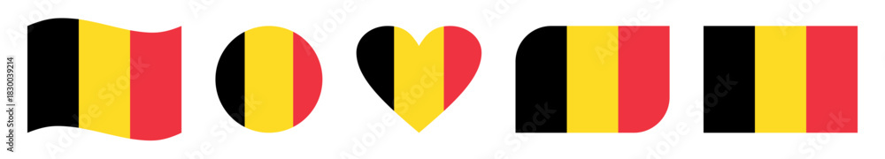 Fototapeta premium Set of five creative Belgium flag vector designs featuring wavy, circular, heart-shaped, rounded-corner, and rectangular styles, symbolizing national pride and patriotic celebration