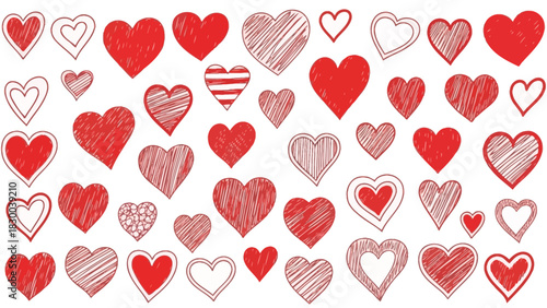 A collection of red hearts in various sizes and styles, including solid filled, outlined, and sketched designs, arranged on a white background, conveying love and affection.