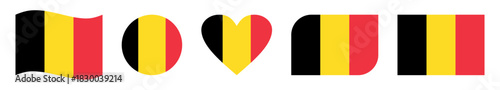 Set of five creative Belgium flag vector designs featuring wavy, circular, heart-shaped, rounded-corner, and rectangular styles, symbolizing national pride and patriotic celebration