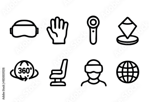 Virtual reality (VR) line icons — headset, controllers, and immersive technology symbols — stock vector.