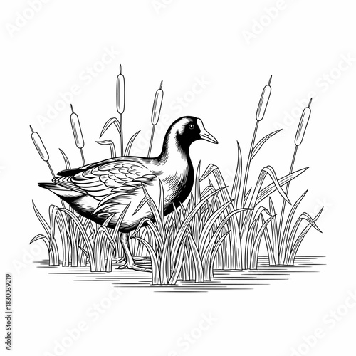 Elegant black and white illustration of a duck amidst wetland reeds