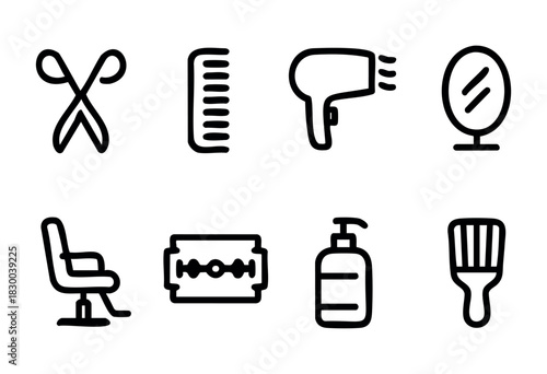 Hair salon and barber shop line icons — scissors, comb, hairdryer, razor — stock vector.