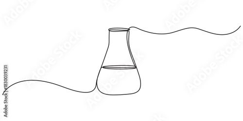 Continuous one line drawing of three laboratory flasks with liquid representing scientific experiments and research vector, Continuous Line Drawing of Erlenmeyer Flask Scientific Glassware for 