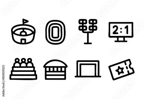 Sports stadium and arena line icons — field, track, floodlights, scoreboard — stock vector.