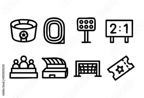 Sports stadium and arena line icons — field, track, floodlights, scoreboard — stock vector.