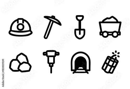 Mining industry line icons — hard hat, pickaxe, mine cart, dynamite — stock vector.
