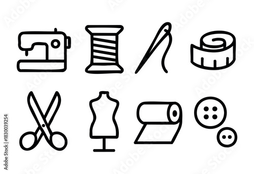 Sewing and tailoring line icons — sewing machine, thread, needle, and scissors — stock vector.