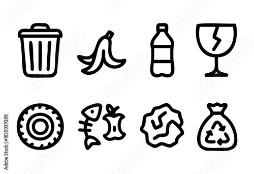 Garbage and waste sorting line icons — trash can, food scraps, plastic bottle, and recycling bag — stock vector.