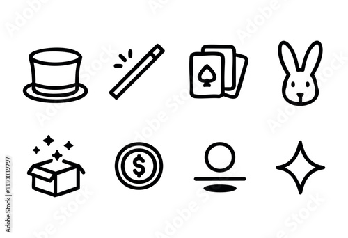Magic show and illusion line icons — top hat, magic wand, playing cards, and rabbit — stock vector.