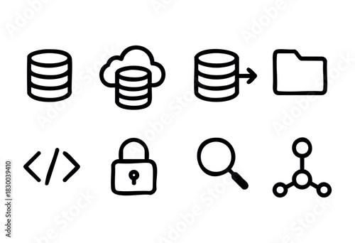Database and server line icons — cloud storage, data security, and coding symbols — stock vector.