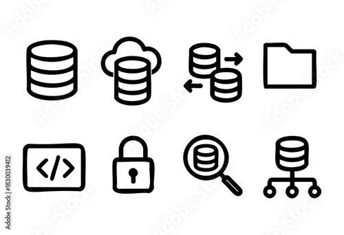 Database and server line icons — cloud storage, data security, and coding symbols — stock vector.