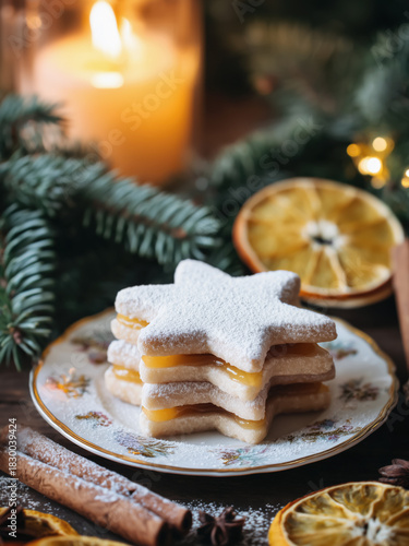 Lemon curd cookies on a decorated table at Christmas