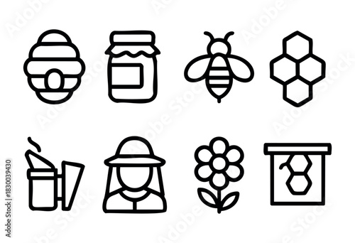 Beekeeping and honey production line icons — beehive, honey jar, bee, and beekeeper equipment — stock vector.