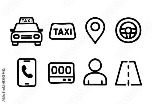 Taxi service line icons — cab, location pin, and mobile app booking symbols — stock vector.