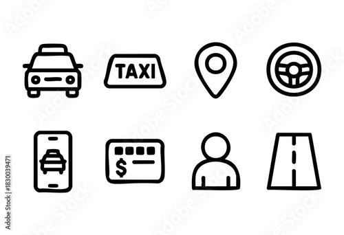 Taxi service line icons — cab, location pin, and mobile app booking symbols — stock vector.